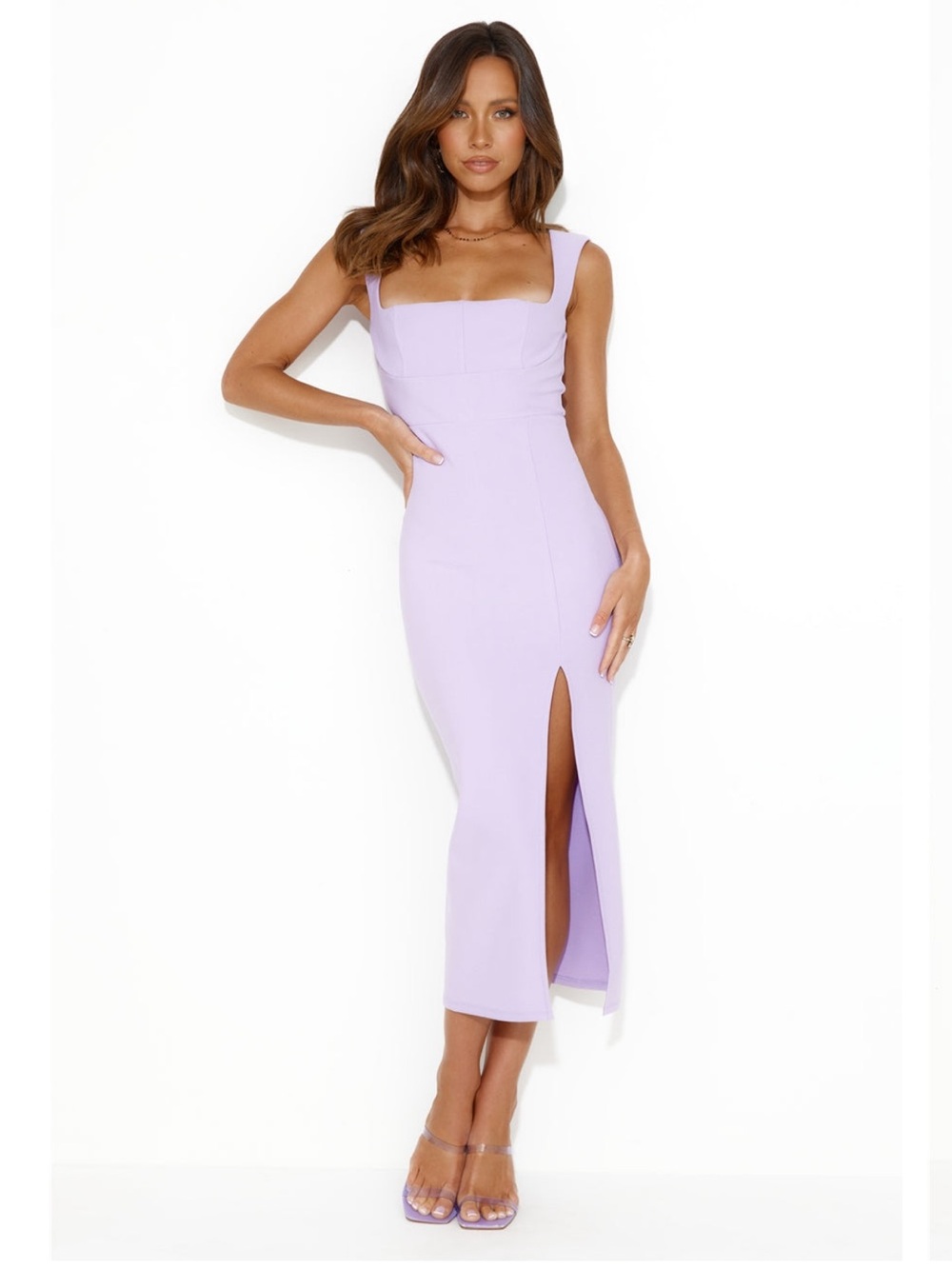 Hello Molly Lilac Square-Neck Midi Dress with Front Slit NWT US4
